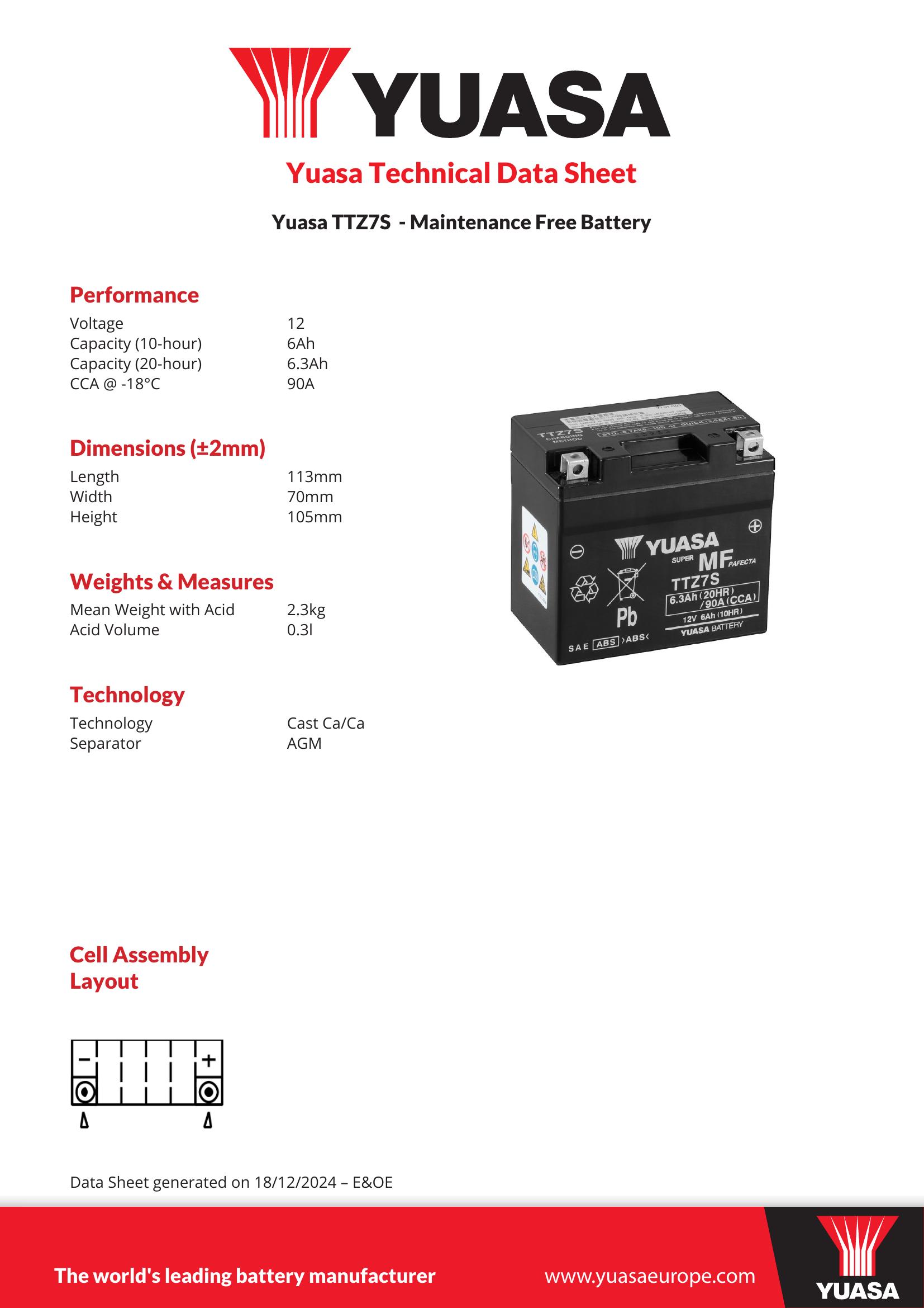 TTZ7S (WC) 12V Yuasa MF VRLA Motorcycle Battery - Picture 2 of 8