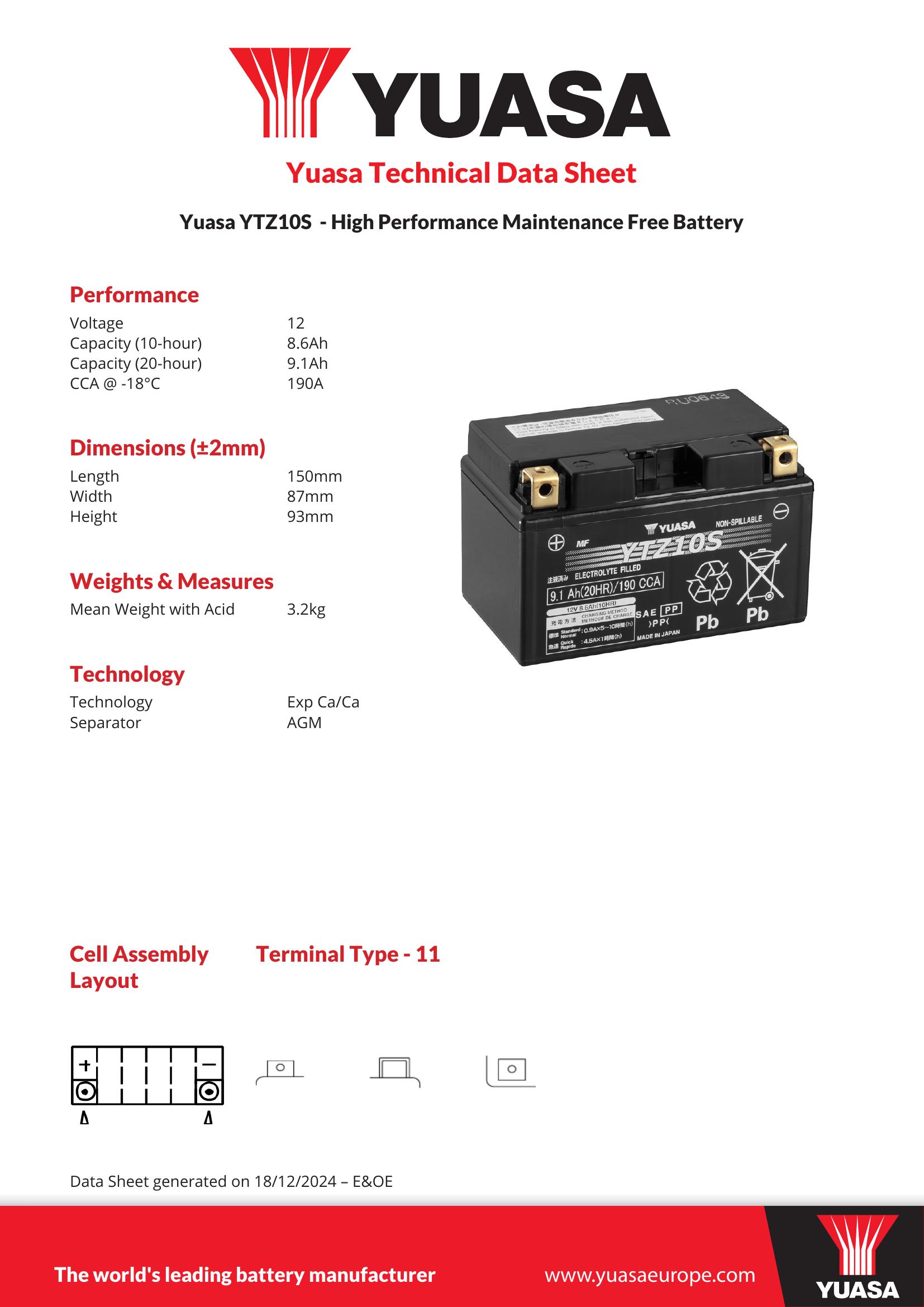 Yuasa YTZ10S (WC) 12V High Performance MF VRLA Motorcycle Battery - Picture 2 of 7