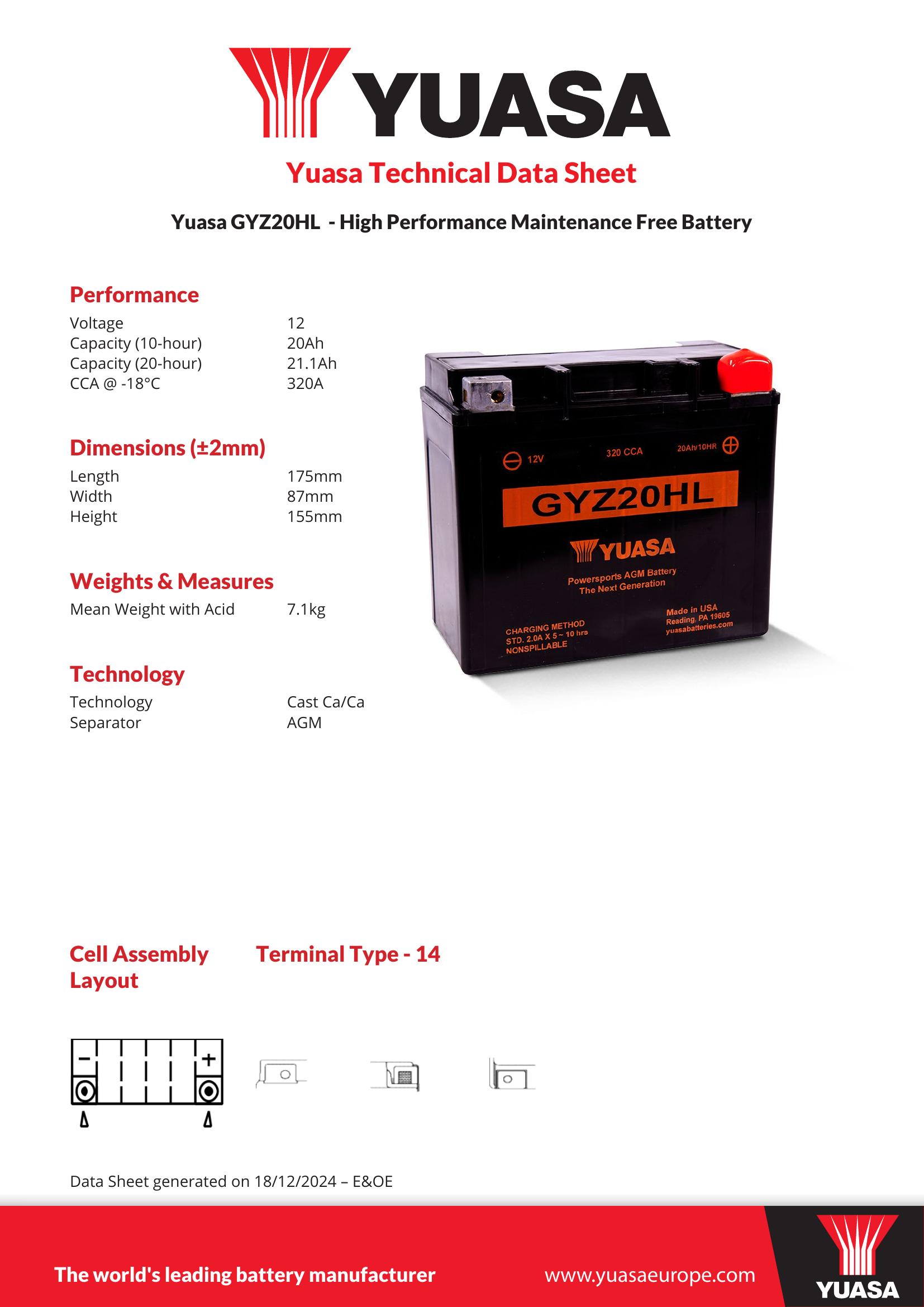 GYZ20HL (WC) 12V Yuasa High Performance MF VRLA Motorcycle Battery - Picture 2 of 7